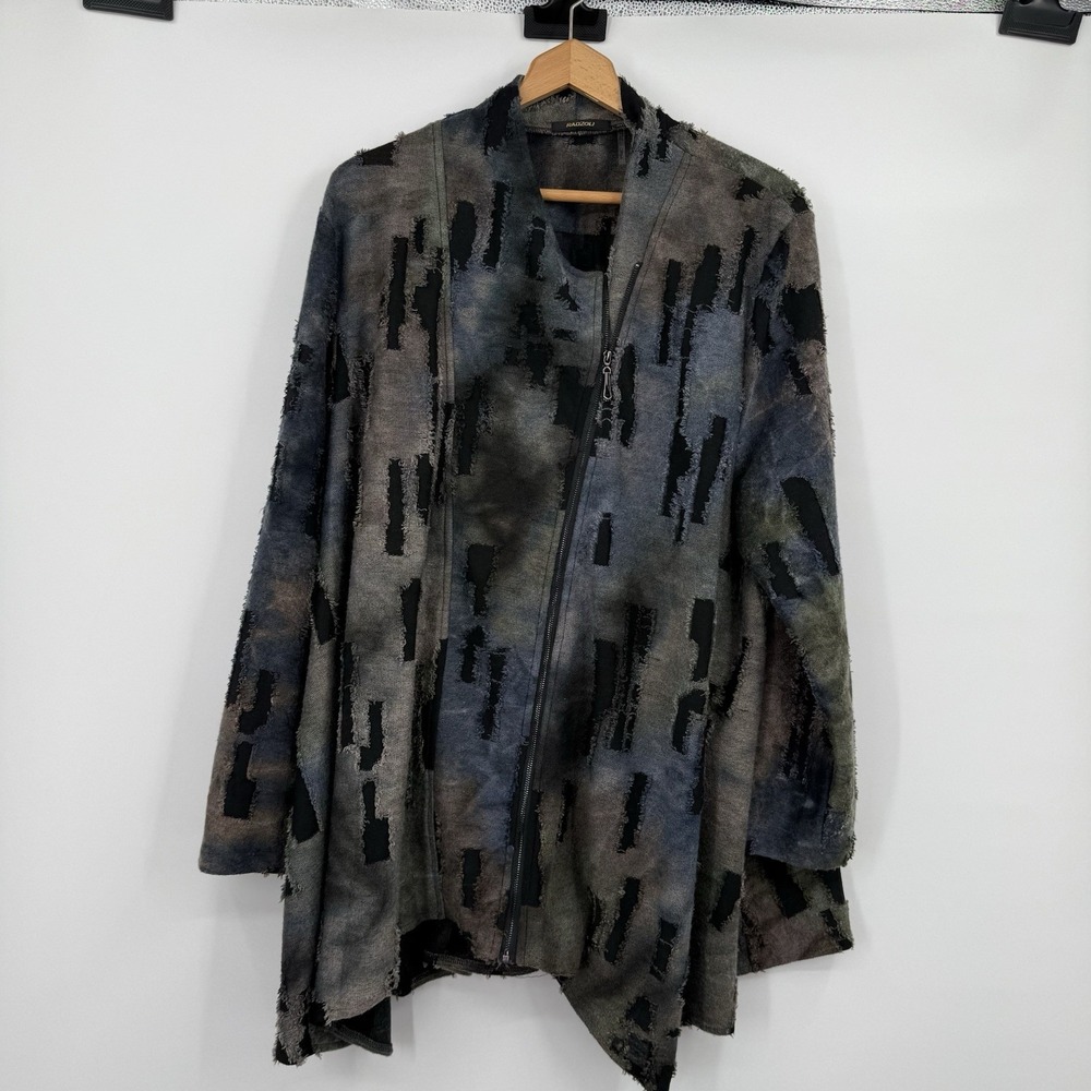 Radzoli Jacket Womens 2X Asymmetric Zip Gray Multicolor Distressed Art Lagenlook